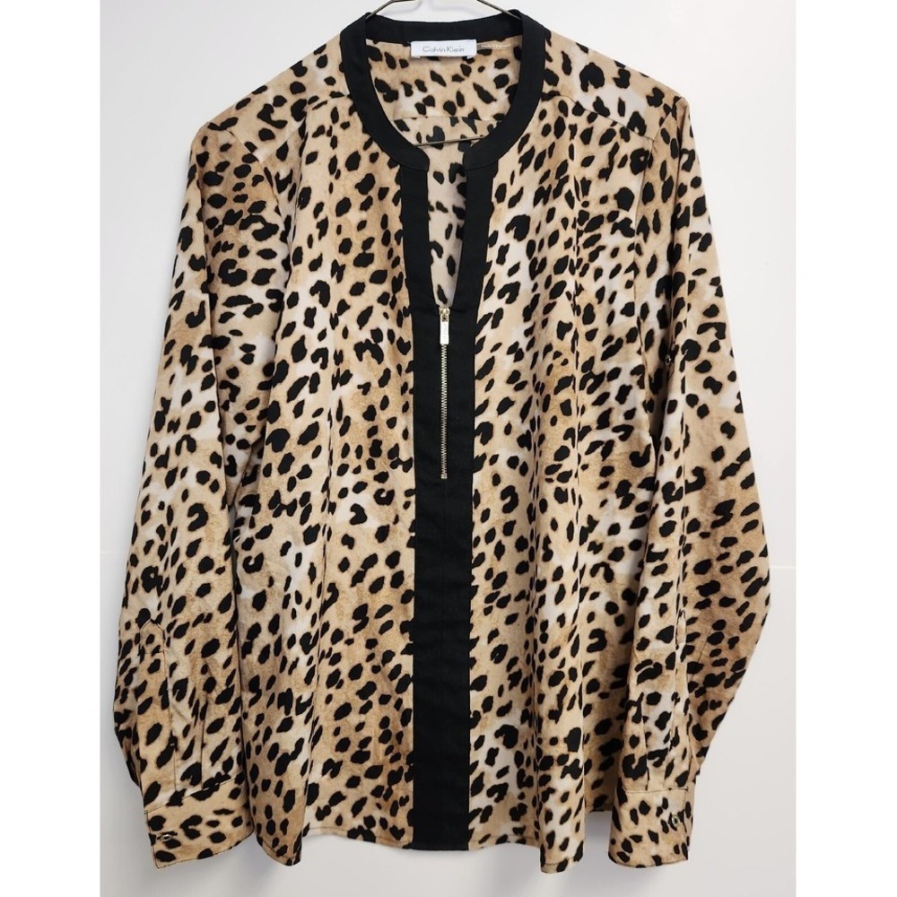 Calvin Klein Leopard Animal Print Blouse Womens Large Shiet Zip Up‎ Front L